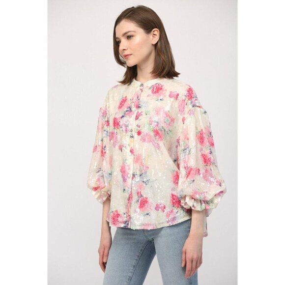 Floral Sequin Bubble Sleeve Blouse - Picture 10 of 12